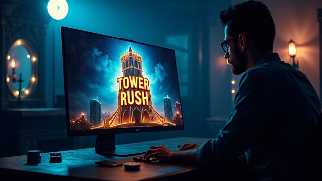 Glowing Tower Rush demo screen in a dark casino setting