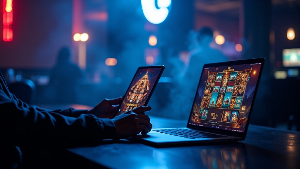 Player viewing Tower Rush demo on phone and laptop in a casino-themed setting