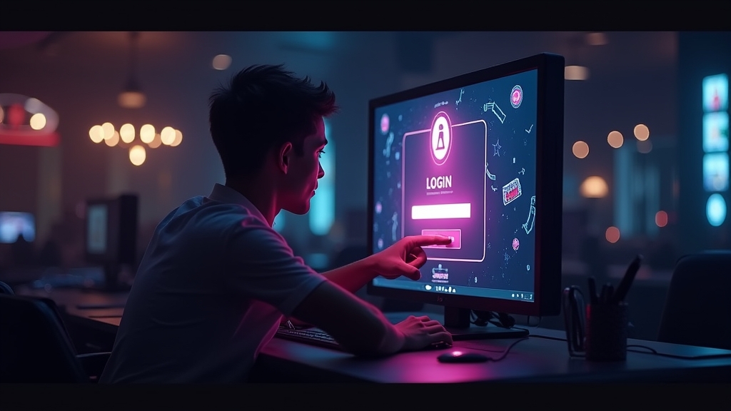 Player signing in on a glowing game login panel in a dark casino-style lobby
