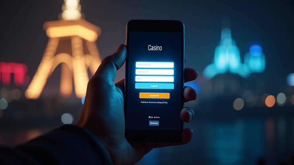 Mobile phone showing a game login screen in a dark neon casino setting