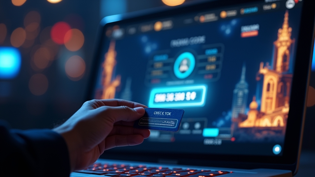 Glowing promo code field beside a Tower Rush-style casino dashboard