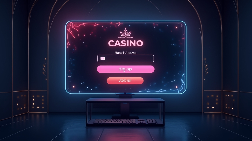 New player completing a sign-up form with a verification screen in a neon casino setting